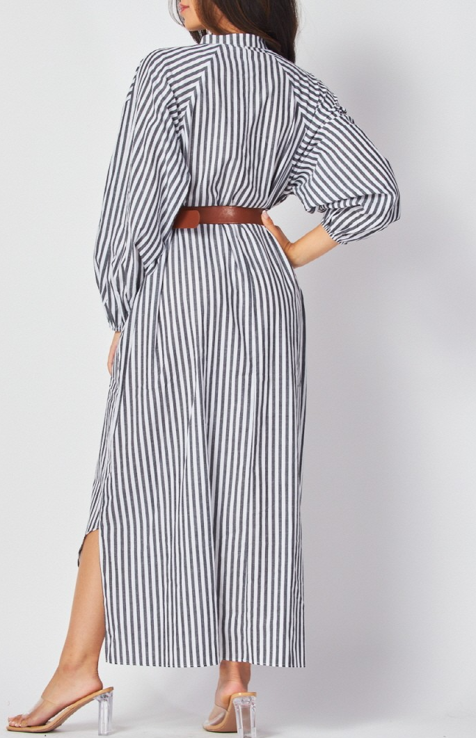 Woven Striped Print Long Sleeve Maxi Dress with Belt