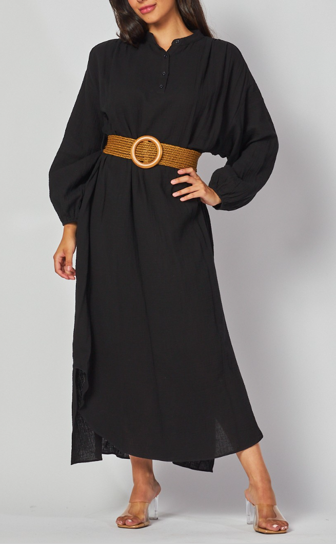 Woven Solid Long Sleeve Maxi Dress with Belt