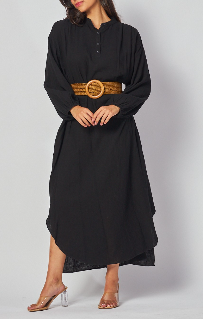 Woven Solid Long Sleeve Maxi Dress with Belt
