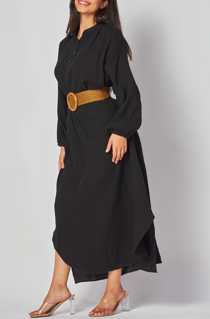 Woven Solid Long Sleeve Maxi Dress with Belt
