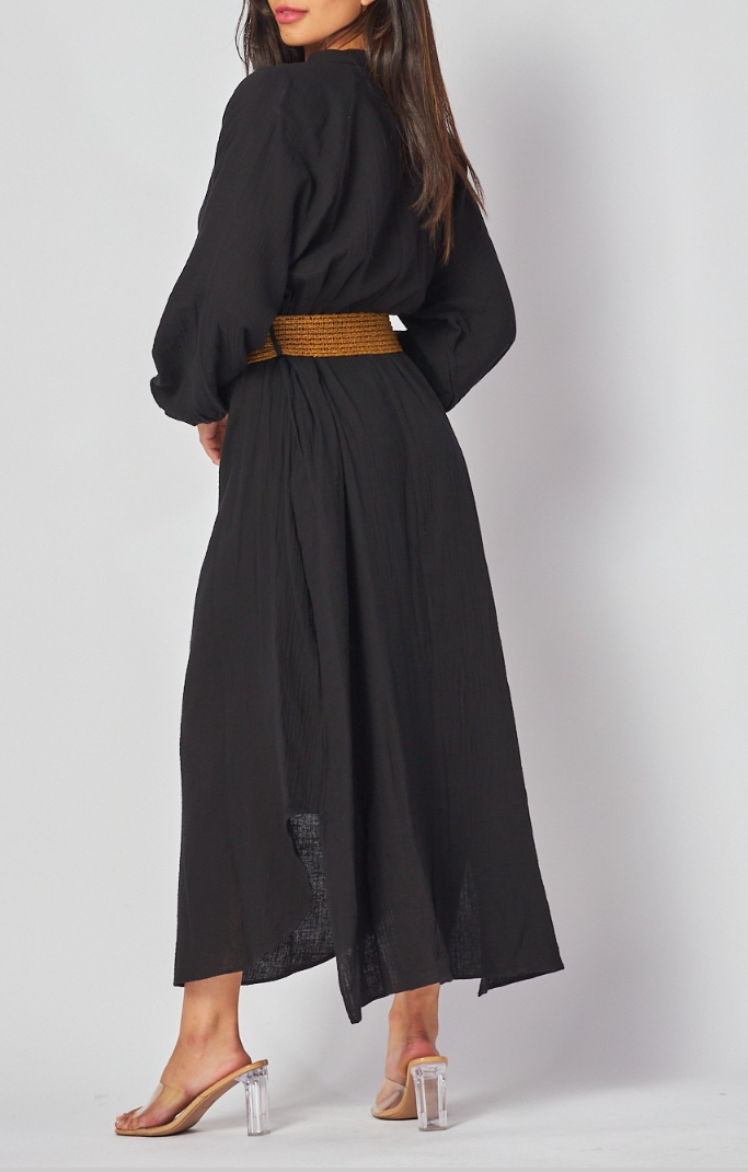 Woven Solid Long Sleeve Maxi Dress with Belt