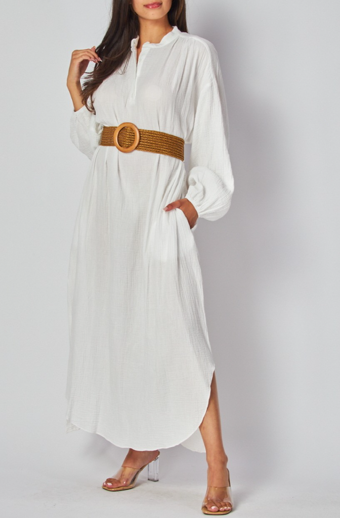 Woven Solid Long Sleeve Maxi Dress with Belt
