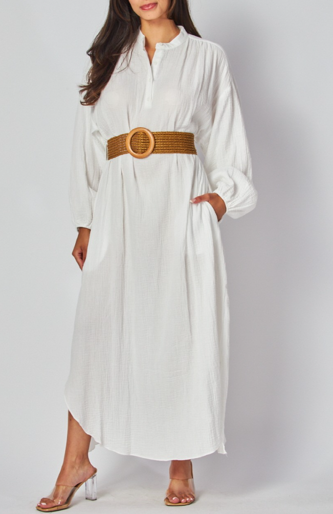 Woven Solid Long Sleeve Maxi Dress with Belt