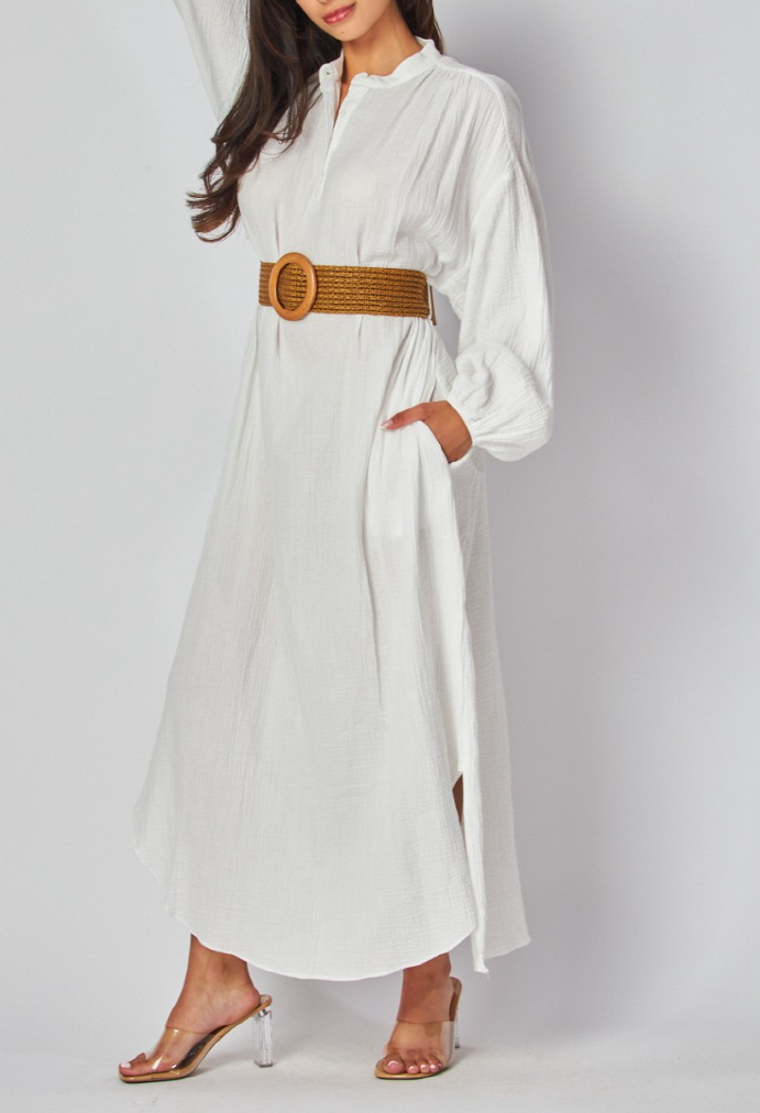 Woven Solid Long Sleeve Maxi Dress with Belt