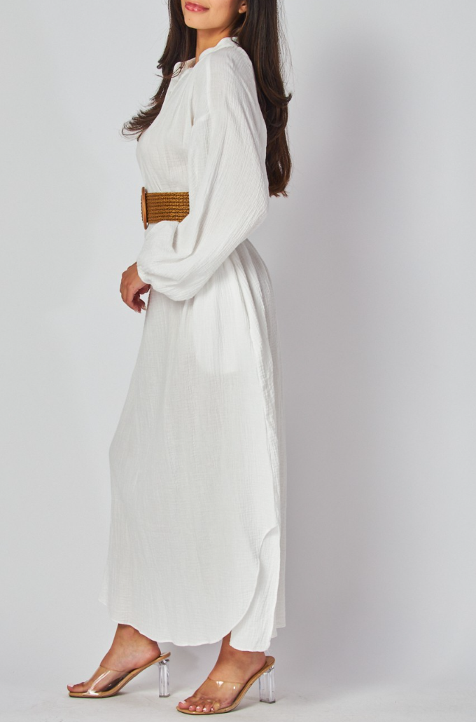 Woven Solid Long Sleeve Maxi Dress with Belt