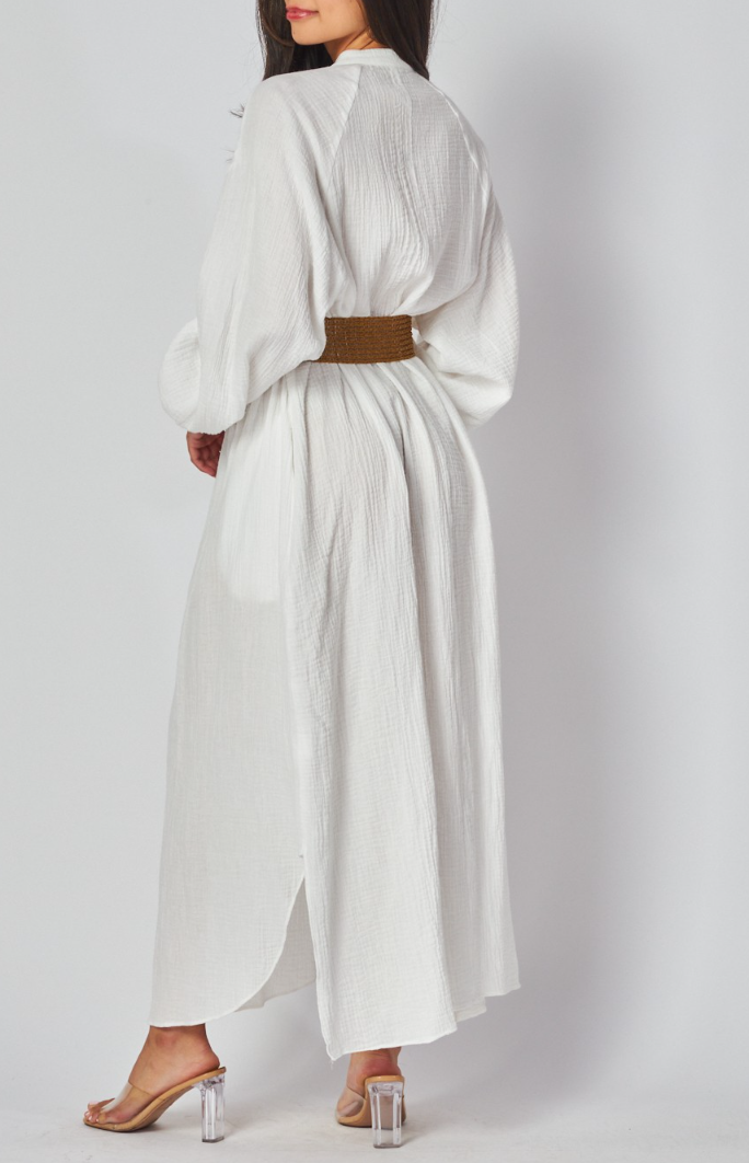 Woven Solid Long Sleeve Maxi Dress with Belt