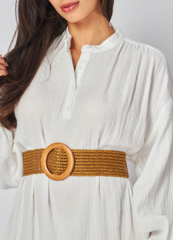 Woven Solid Long Sleeve Maxi Dress with Belt