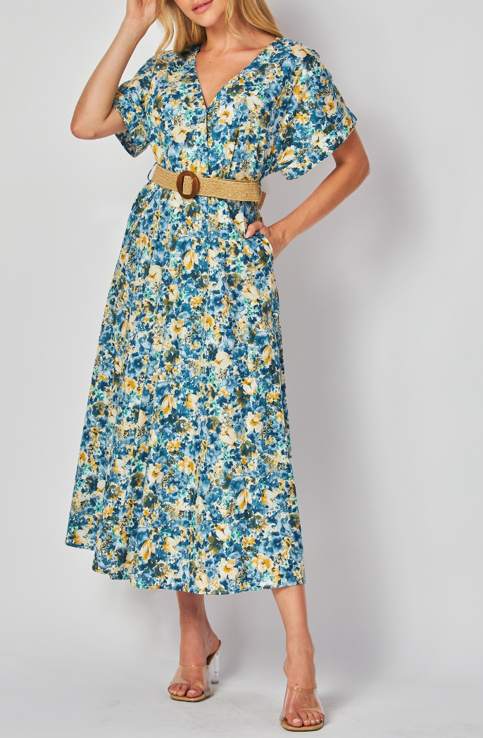 Woven Floral Print Short Sleeve V-Neck Maxi Dress with Belt