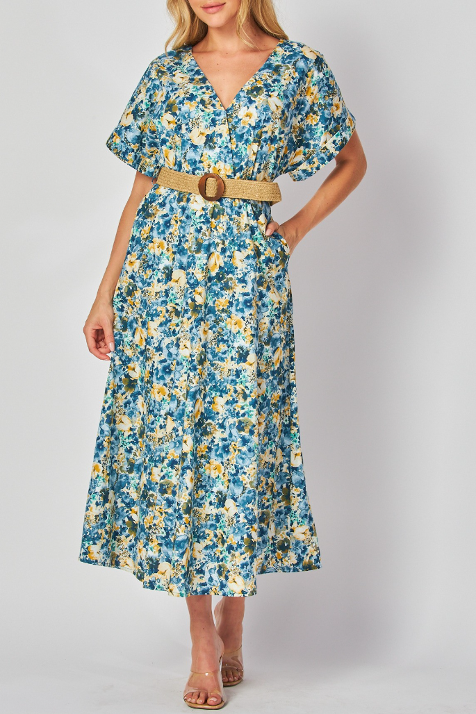 Woven Floral Print Short Sleeve V-Neck Maxi Dress with Belt