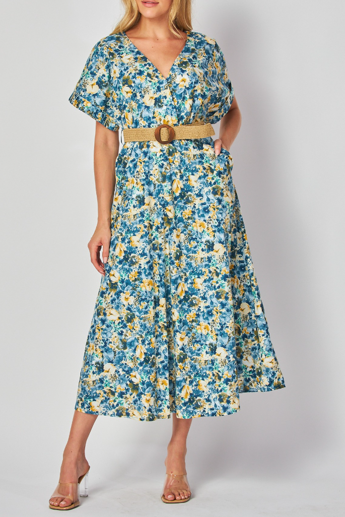 Woven Floral Print Short Sleeve V-Neck Maxi Dress with Belt