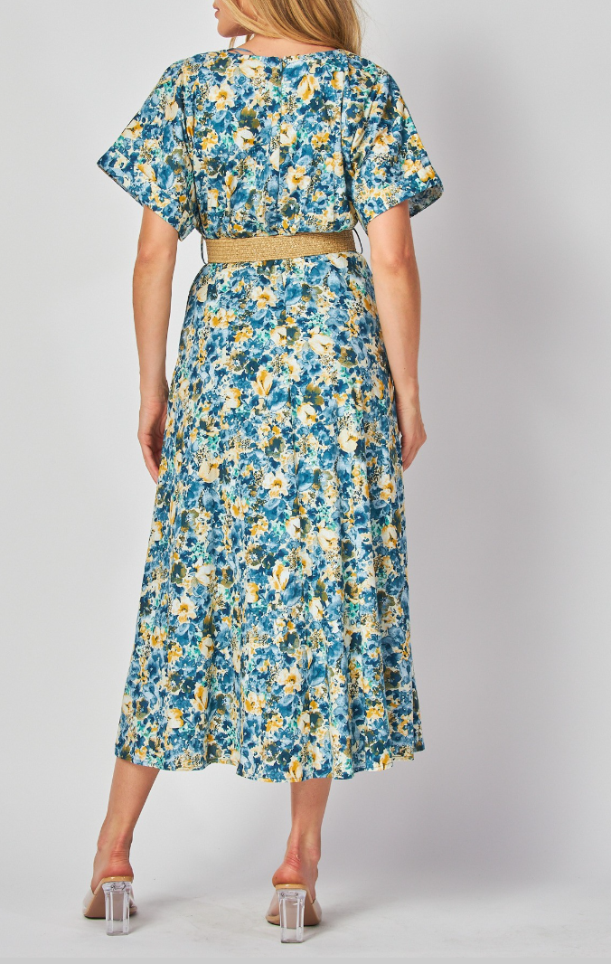 Woven Floral Print Short Sleeve V-Neck Maxi Dress with Belt
