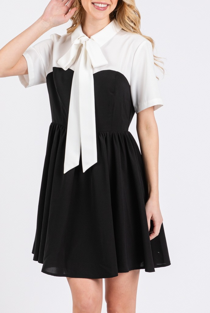 Woven Solid Contrast Short Sleeve Mini Dress with Ribbon Neck Detail