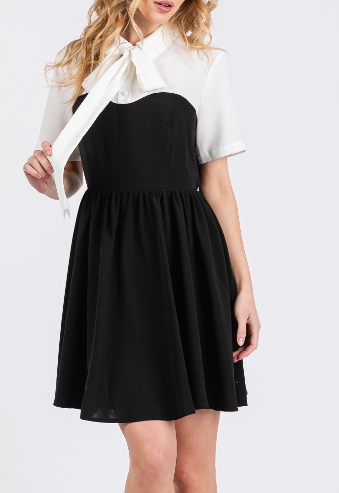 Woven Solid Contrast Short Sleeve Mini Dress with Ribbon Neck Detail