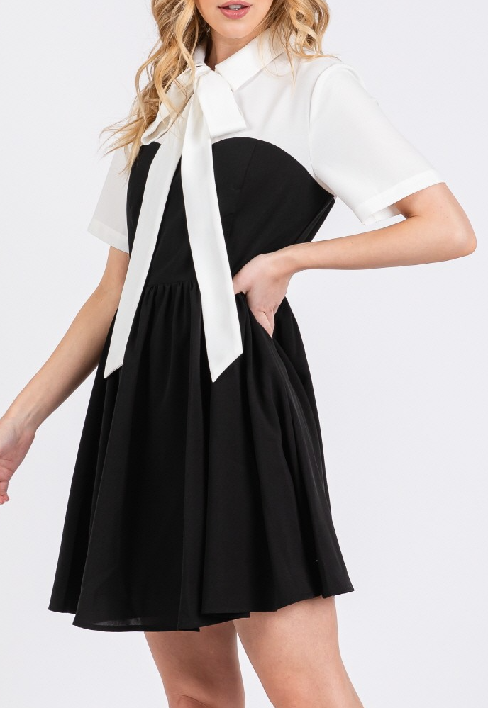 Woven Solid Contrast Short Sleeve Mini Dress with Ribbon Neck Detail