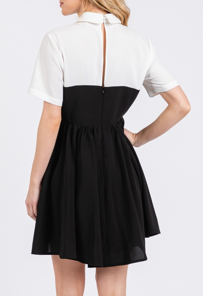 Woven Solid Contrast Short Sleeve Mini Dress with Ribbon Neck Detail