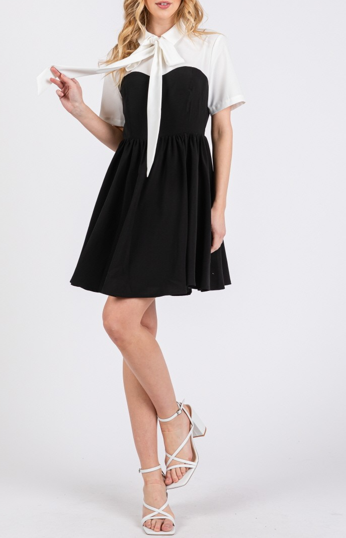 Woven Solid Contrast Short Sleeve Mini Dress with Ribbon Neck Detail