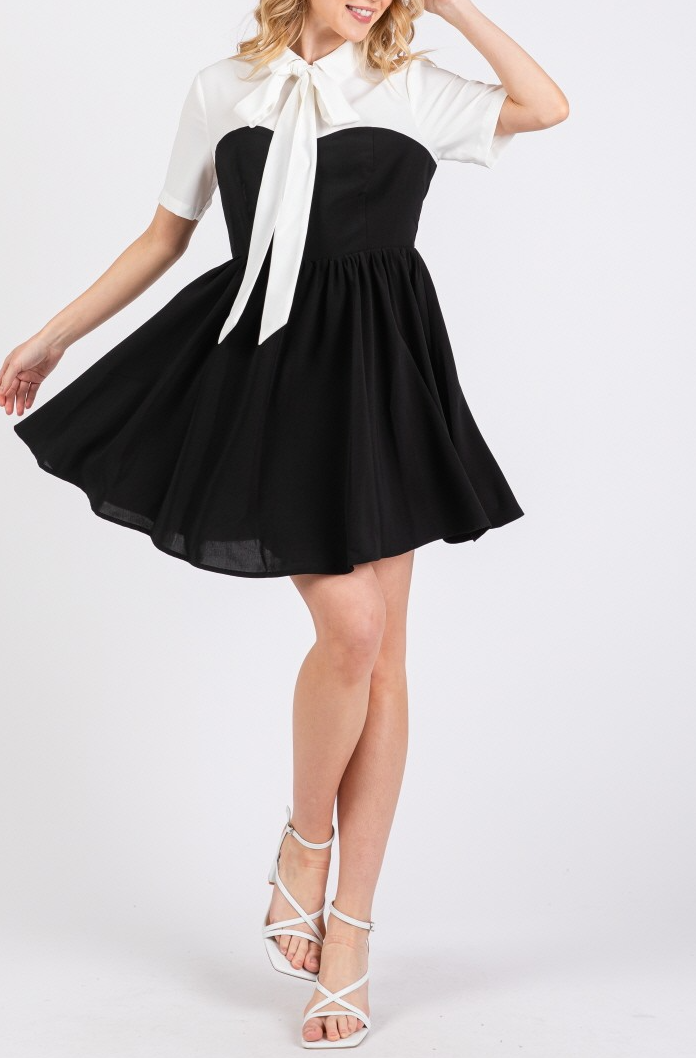 Woven Solid Contrast Short Sleeve Mini Dress with Ribbon Neck Detail