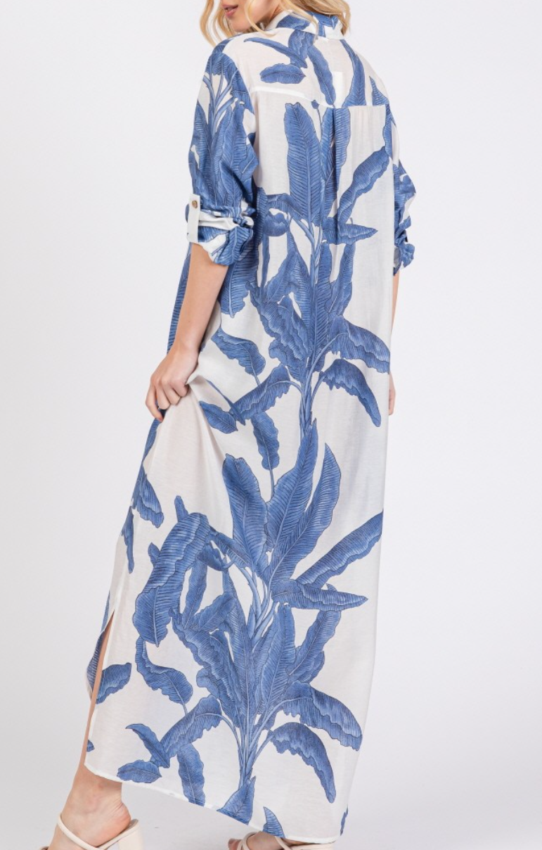 Woven Palm Print Button-Down Maxi Dress with Rolled-up Sleeve