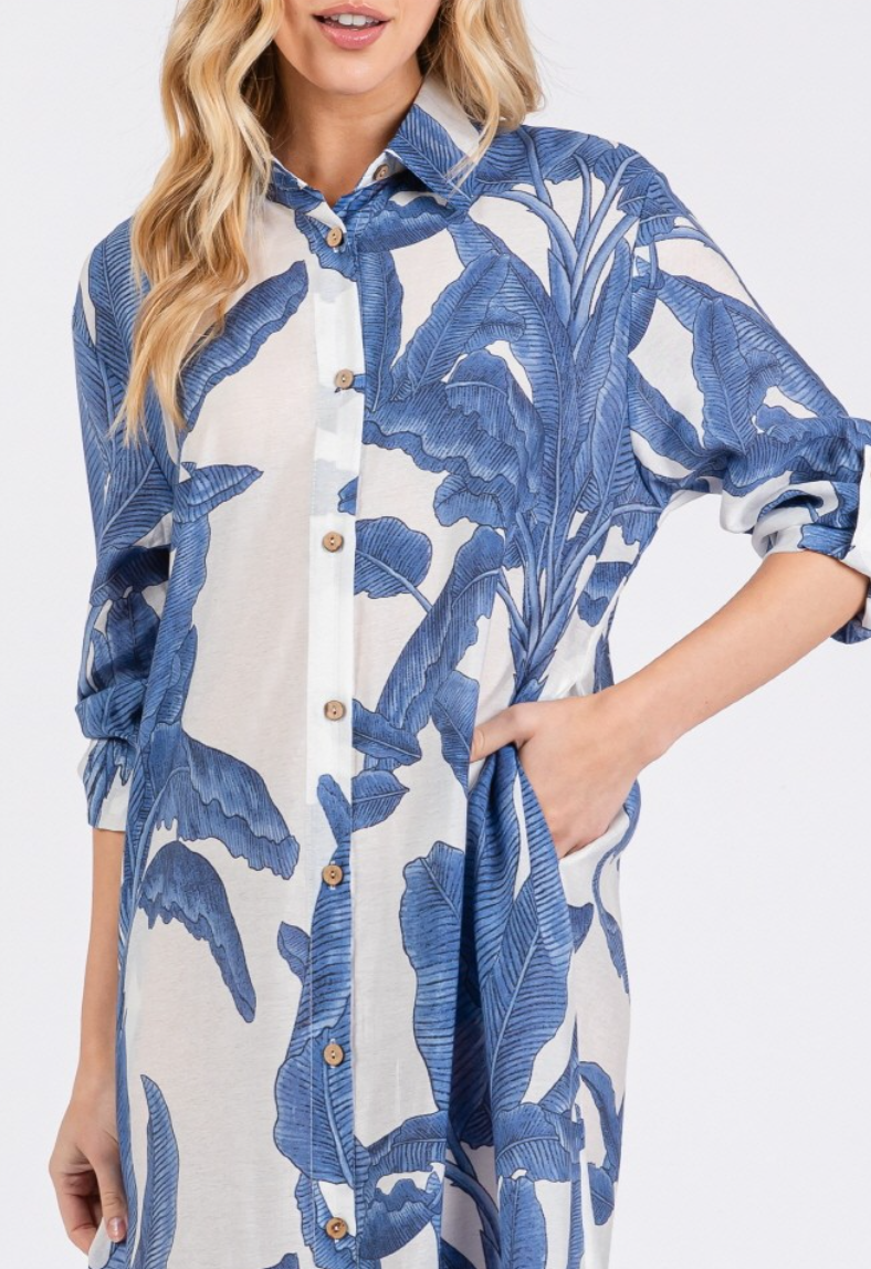 Woven Palm Print Button-Down Maxi Dress with Rolled-up Sleeve