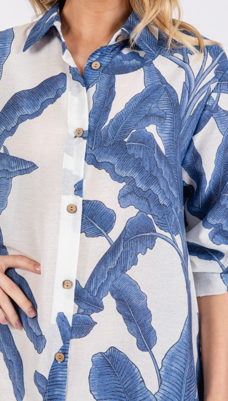 Woven Palm Print Button-Down Maxi Dress with Rolled-up Sleeve