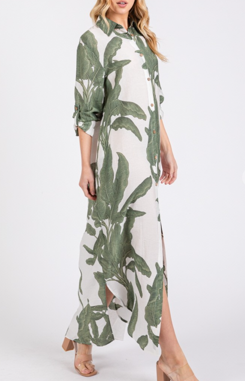 Woven Palm Print Button-Down Maxi Dress with Rolled-up Sleeve