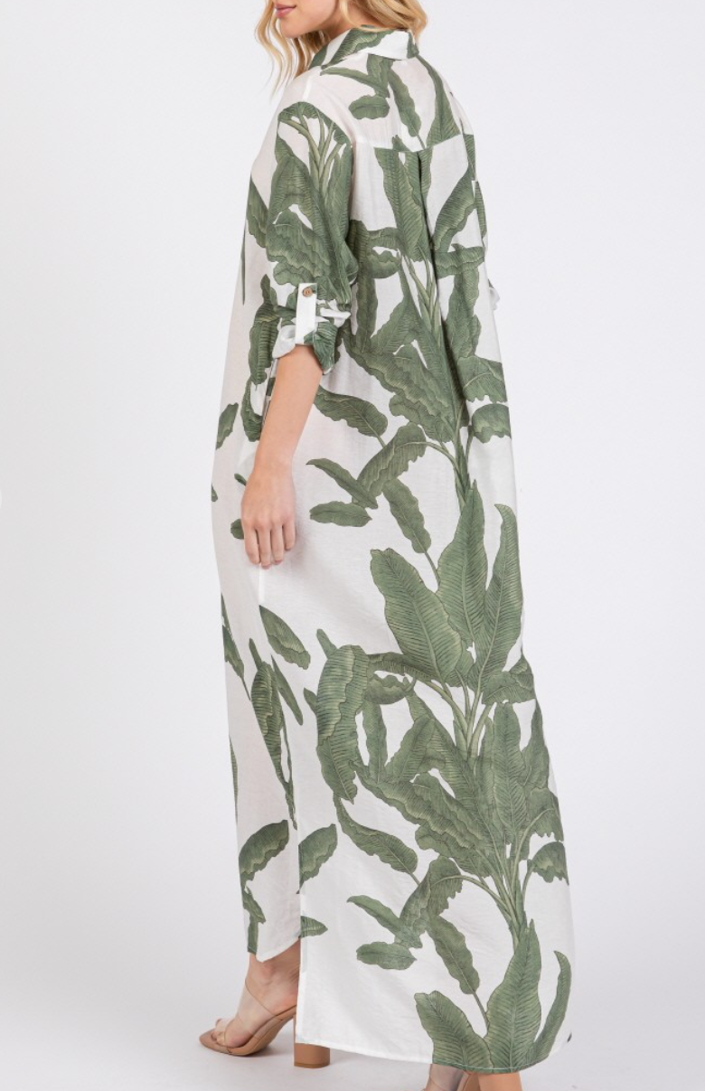 Woven Palm Print Button-Down Maxi Dress with Rolled-up Sleeve