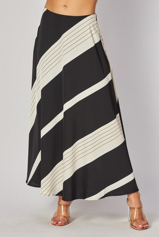 Black Satin Skirt with Diagonal White Pattern and Stripes