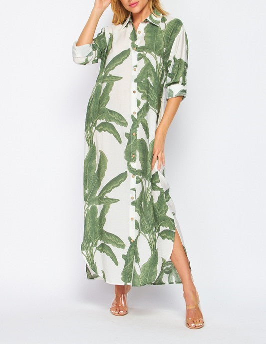 Women Woven Palm Print Button-Down Maxi Dress with Rolled-up Sleeves