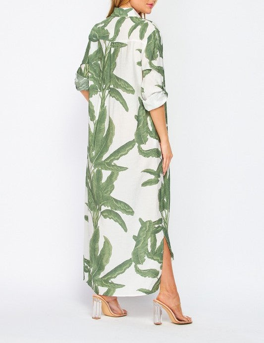 Women Woven Palm Print Button-Down Maxi Dress with Rolled-up Sleeves