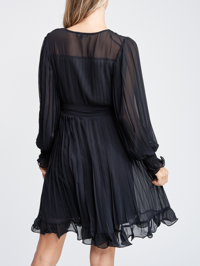 Long Sleeve Pleated Detail Ruffle Mini Dress
