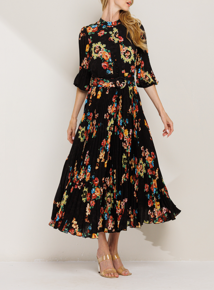 Mid-Sleeve Floral Print Button Trim Detail Pleats Midi Dress