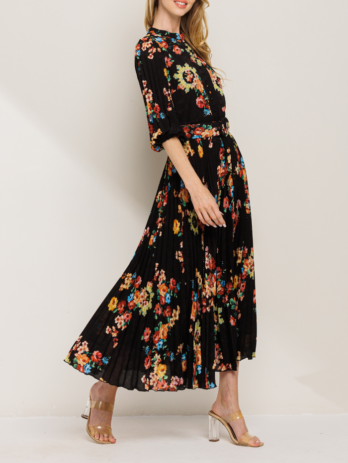 Mid-Sleeve Floral Print Button Trim Detail Pleats Midi Dress