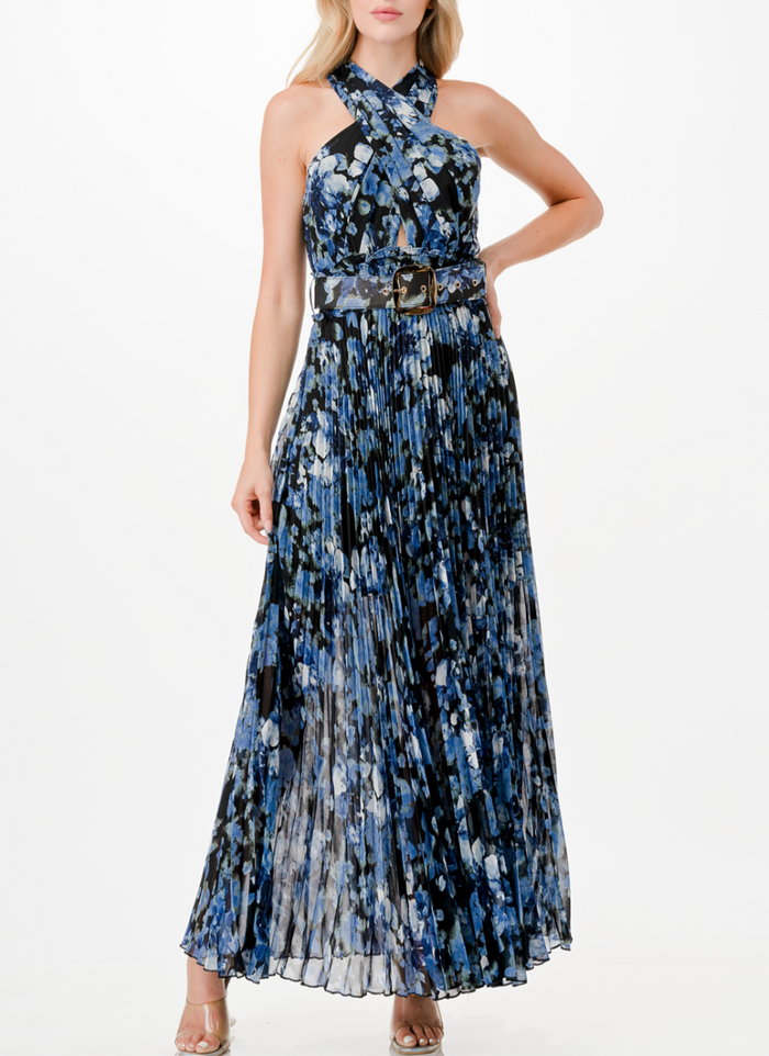 Cross Halter Floral Print Pleated Maxi Dress with Belt and Keyhole Detail, Smocked Waist