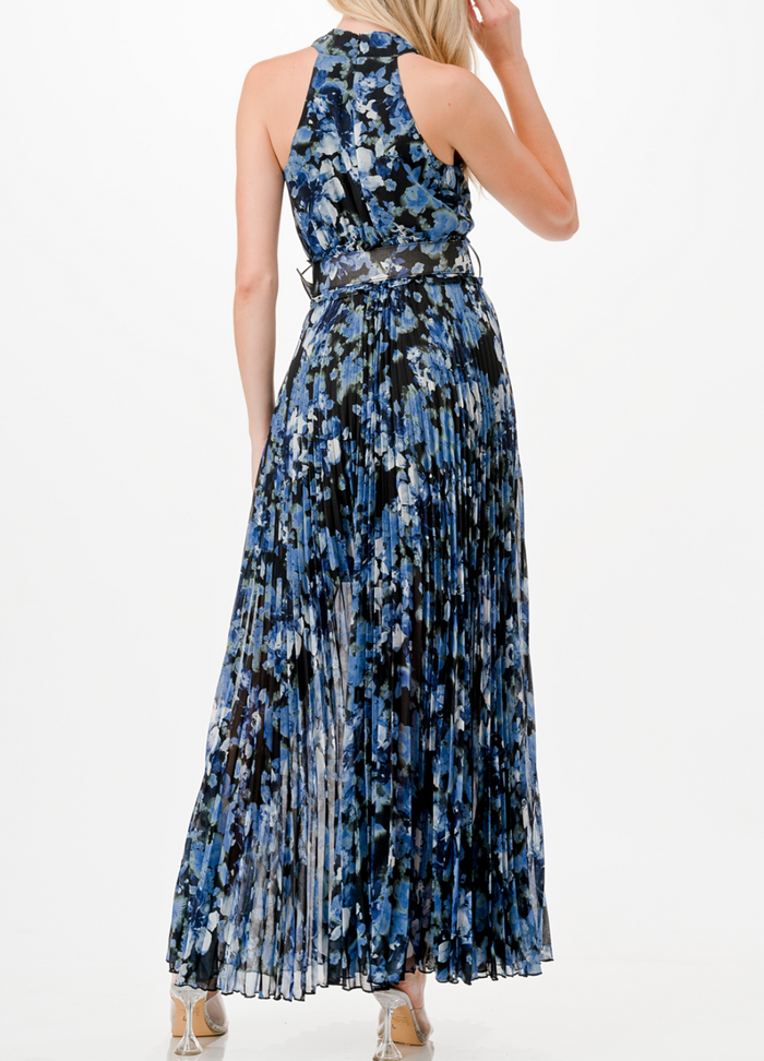 Cross Halter Floral Print Pleated Maxi Dress with Belt and Keyhole Detail, Smocked Waist