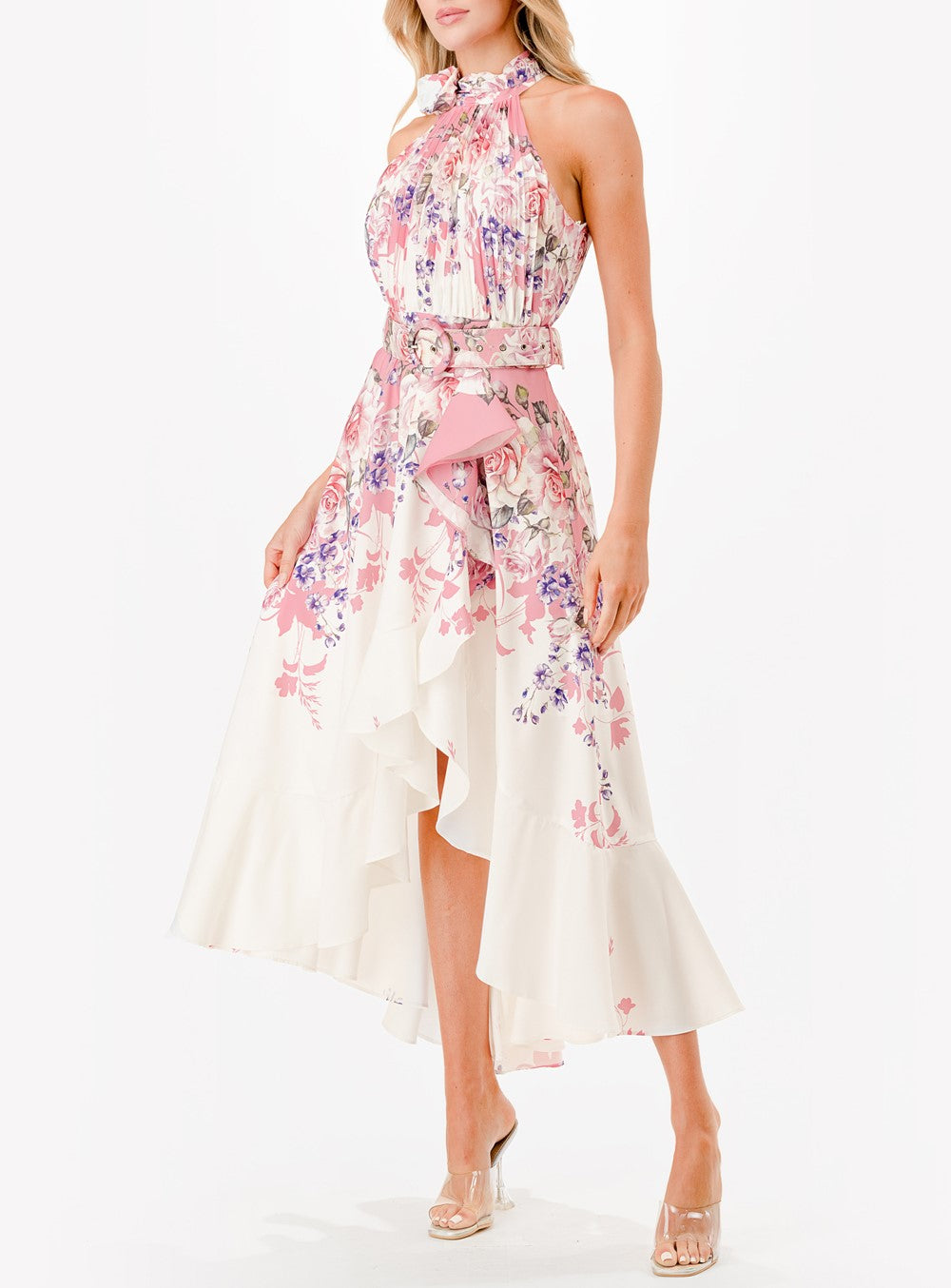 Border Print Ruffle Detail Dress – Azure & Lavender