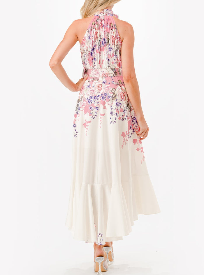 Halter Floral Print Pleated Midi Dress Azure & Lavender Halter Floral Print Pleated Midi Dress Azure & Lavender