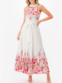 Halter Floral Print Pleated Midi Dress