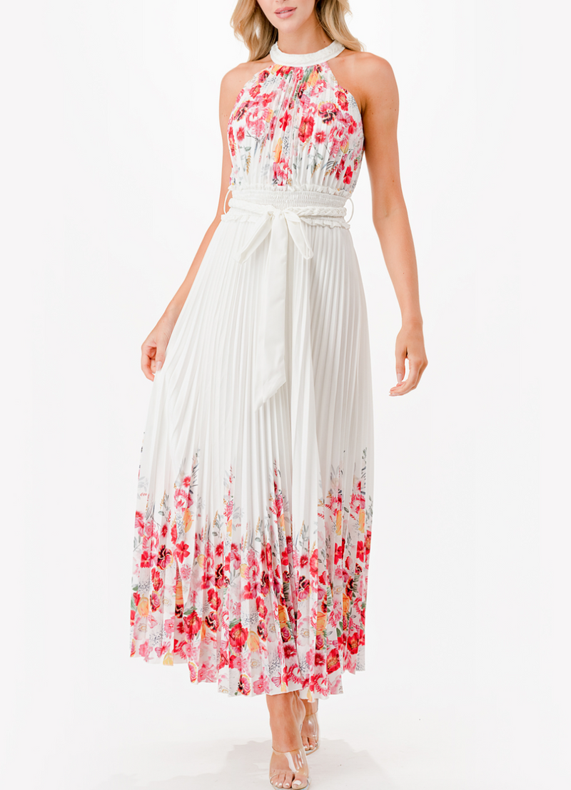 Halter Floral Print Pleated Midi Dress