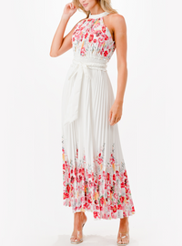 Halter Floral Print Pleated Midi Dress