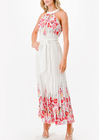 Halter Floral Print Pleated Midi Dress