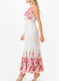 Halter Floral Print Pleated Midi Dress