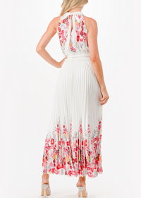Halter Floral Print Pleated Midi Dress