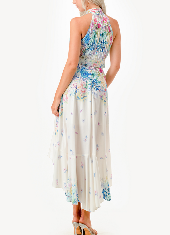 Halter Neck Floral Print High Low Midi Dress