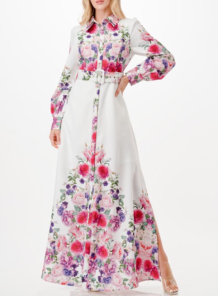 Floral Print Maxi Dress with Side Leg Slit and Belt
