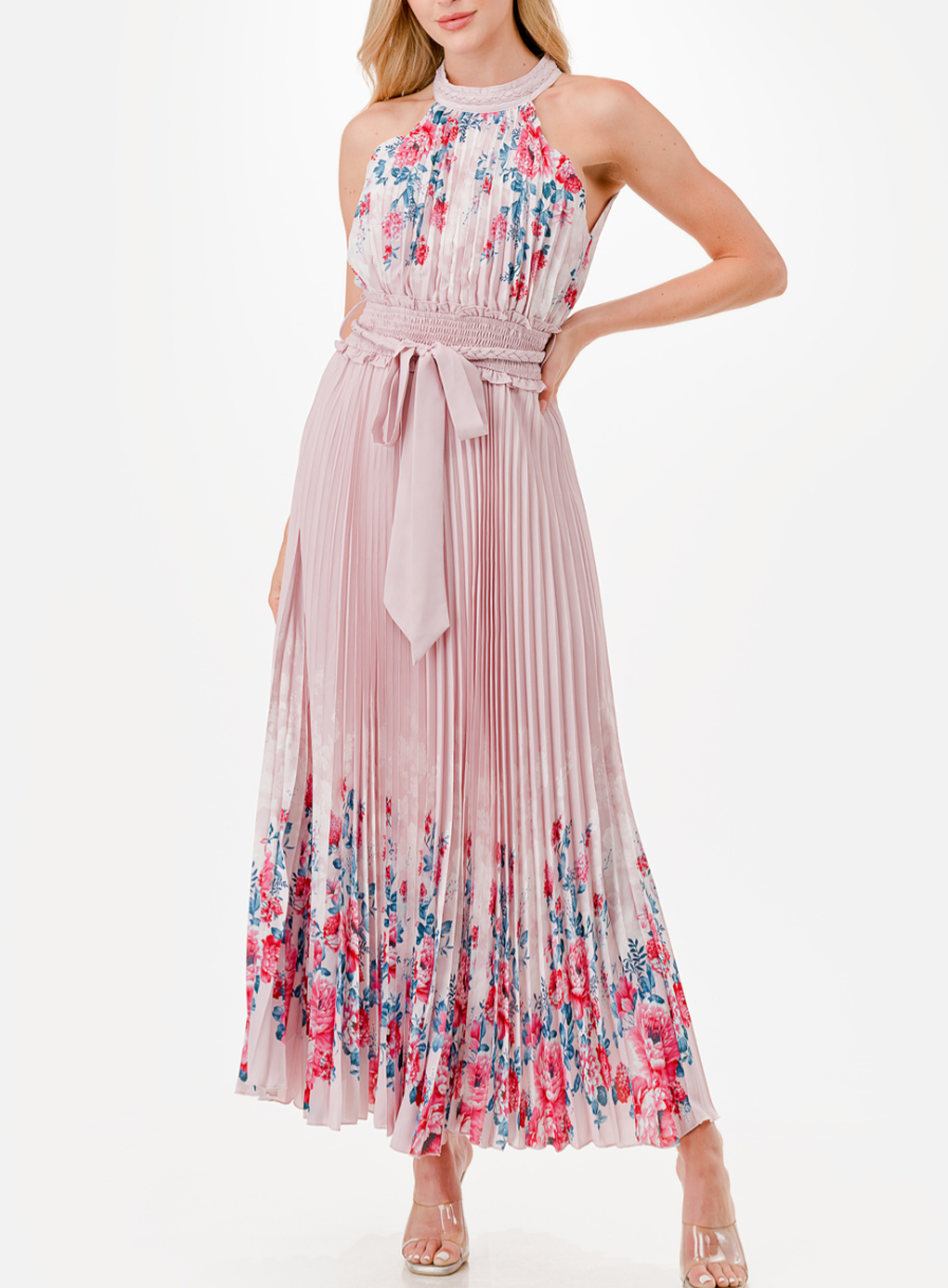 Halter Floral Print Trim Detail Pleated Maxi Dress Azure & Lavender Halter Floral Print Trim Detail Pleated Maxi Dress Azure & Lavender