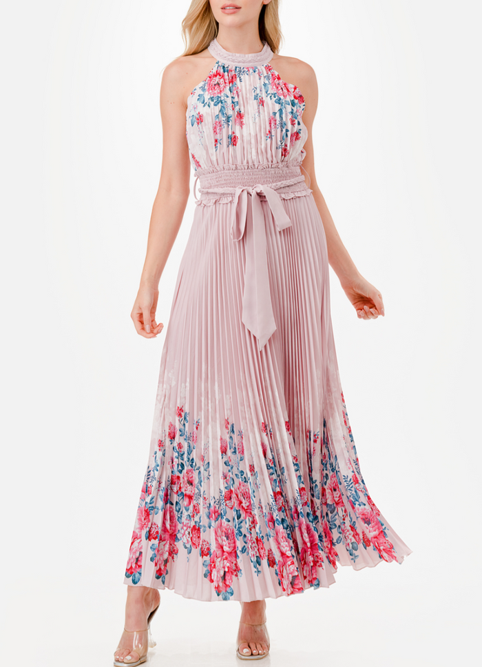 Halter Floral Print Trim Detail Pleated Maxi Dress Medium / Pink Halter Floral Print Trim Detail Pleated Maxi Dress Medium / Pink