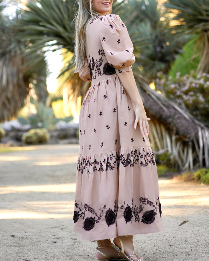 Sienna Embroidered Puff Sleeve Maxi Dress