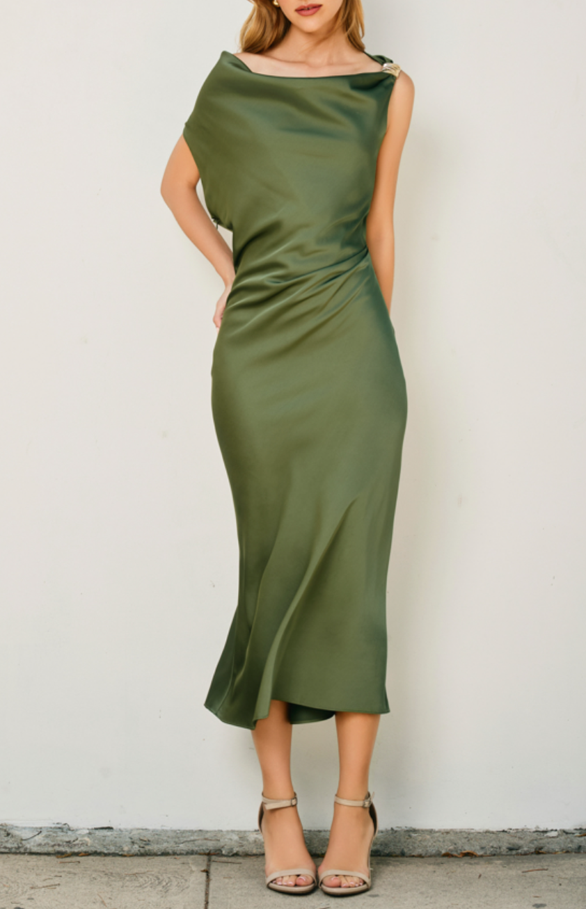 Dull Satin Off The Shoulder Ruched Midi Dress