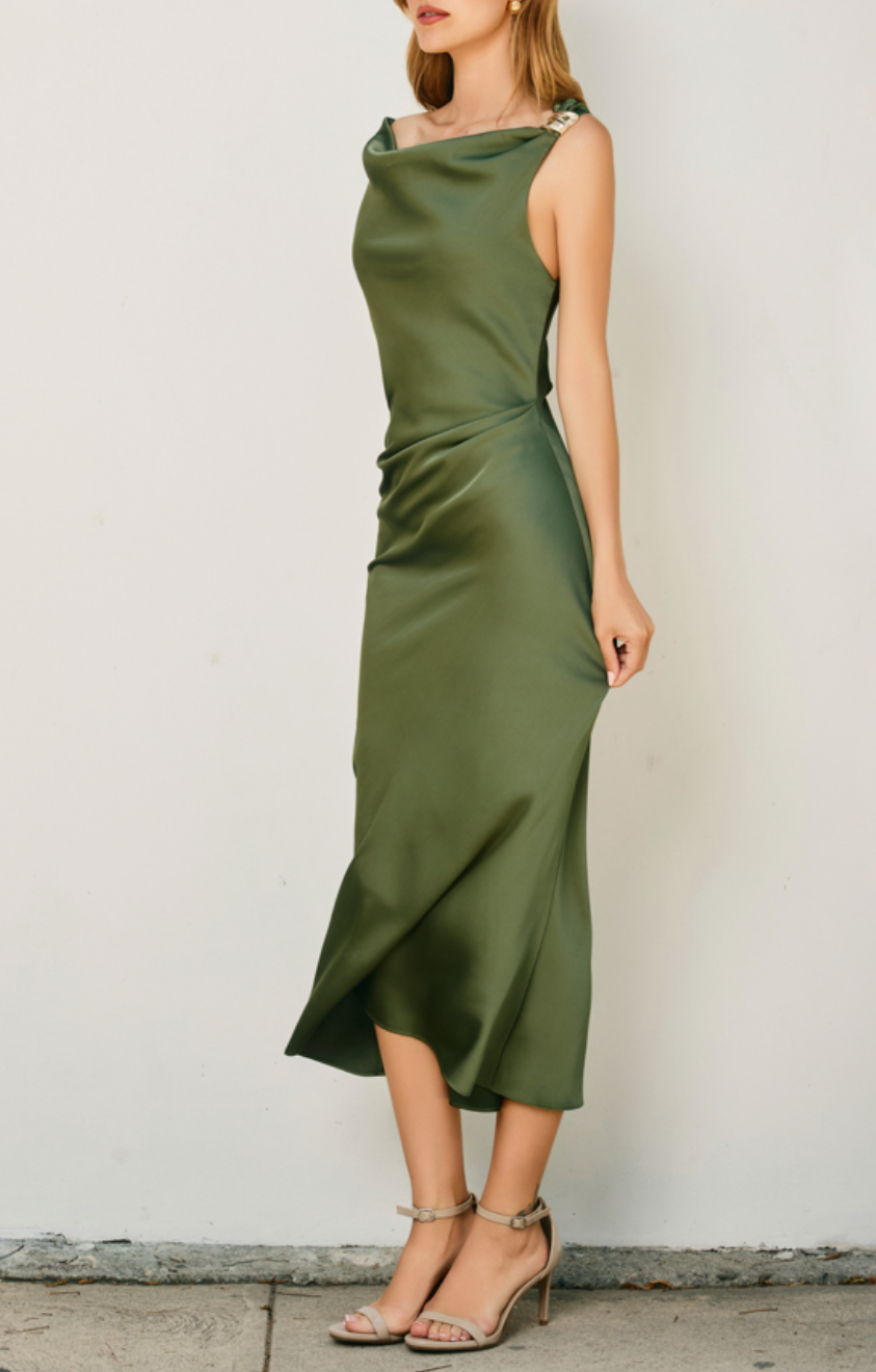 Dull Satin Off The Shoulder Ruched Midi Dress