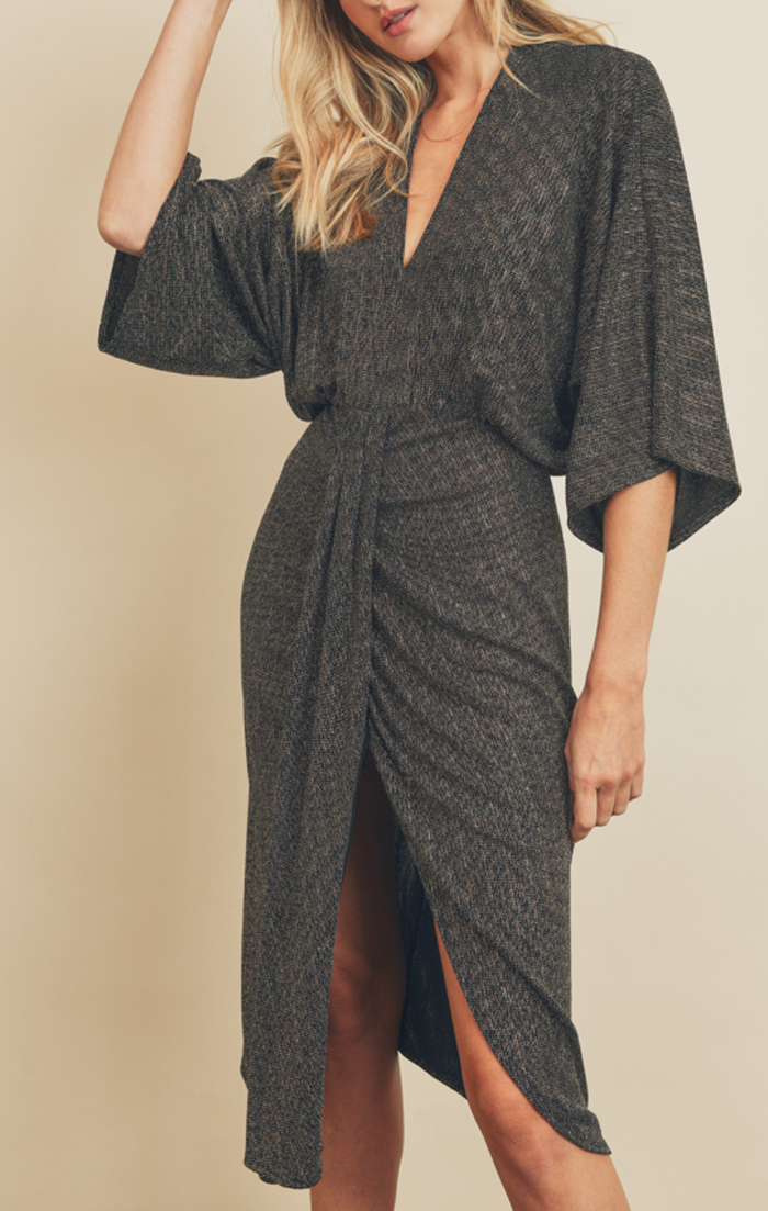 Metallic V-Neck Ruched Midi Dress